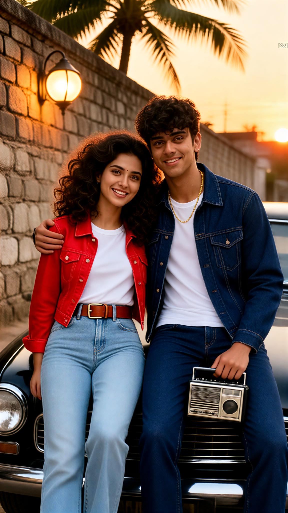 1980s Couple: Denim Vintage Car Portrait image