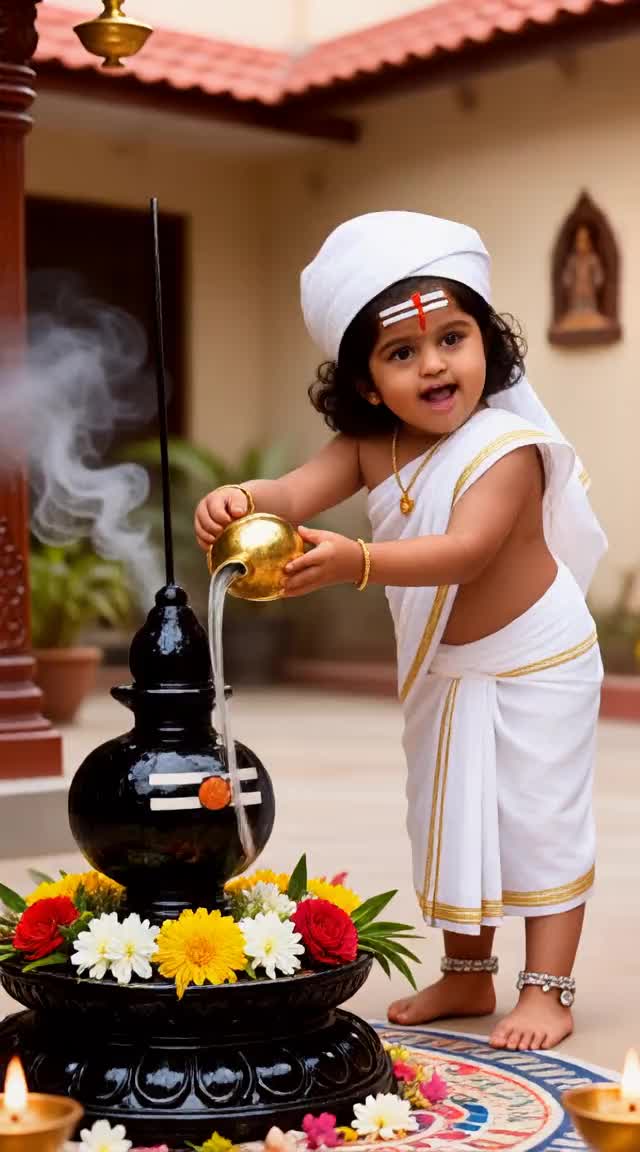 The baby waters the plants, prays and sings image