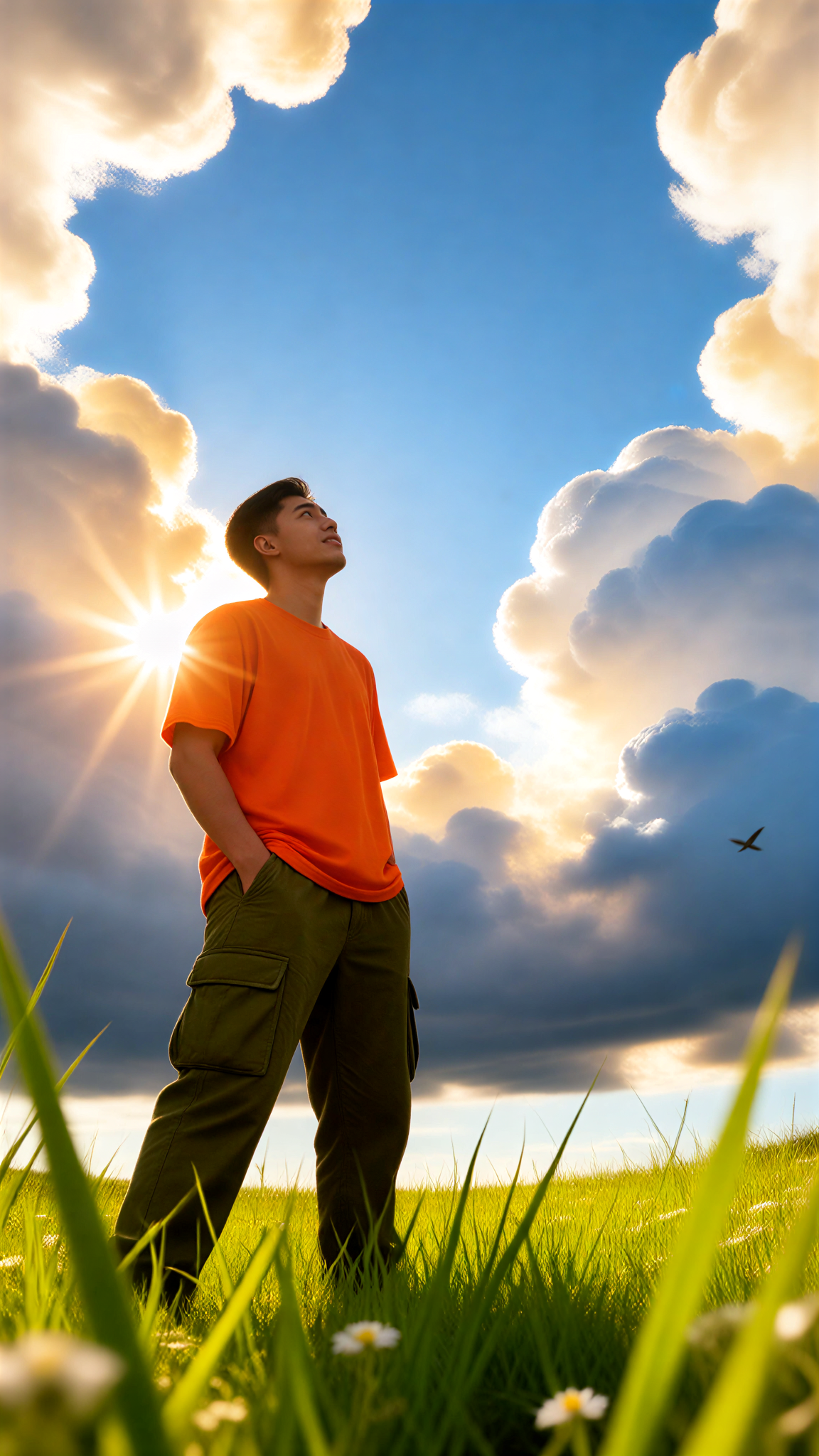 Low-angle shot on the orange-clad grassy field image