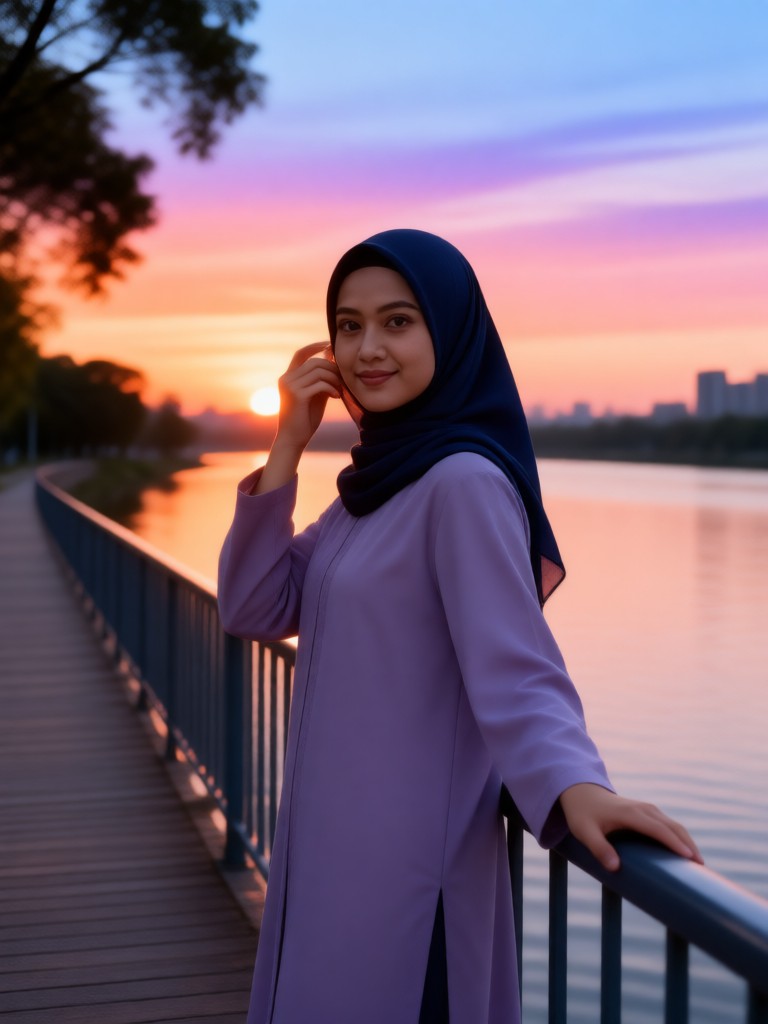 Adjusting Hijab at the Bridge image