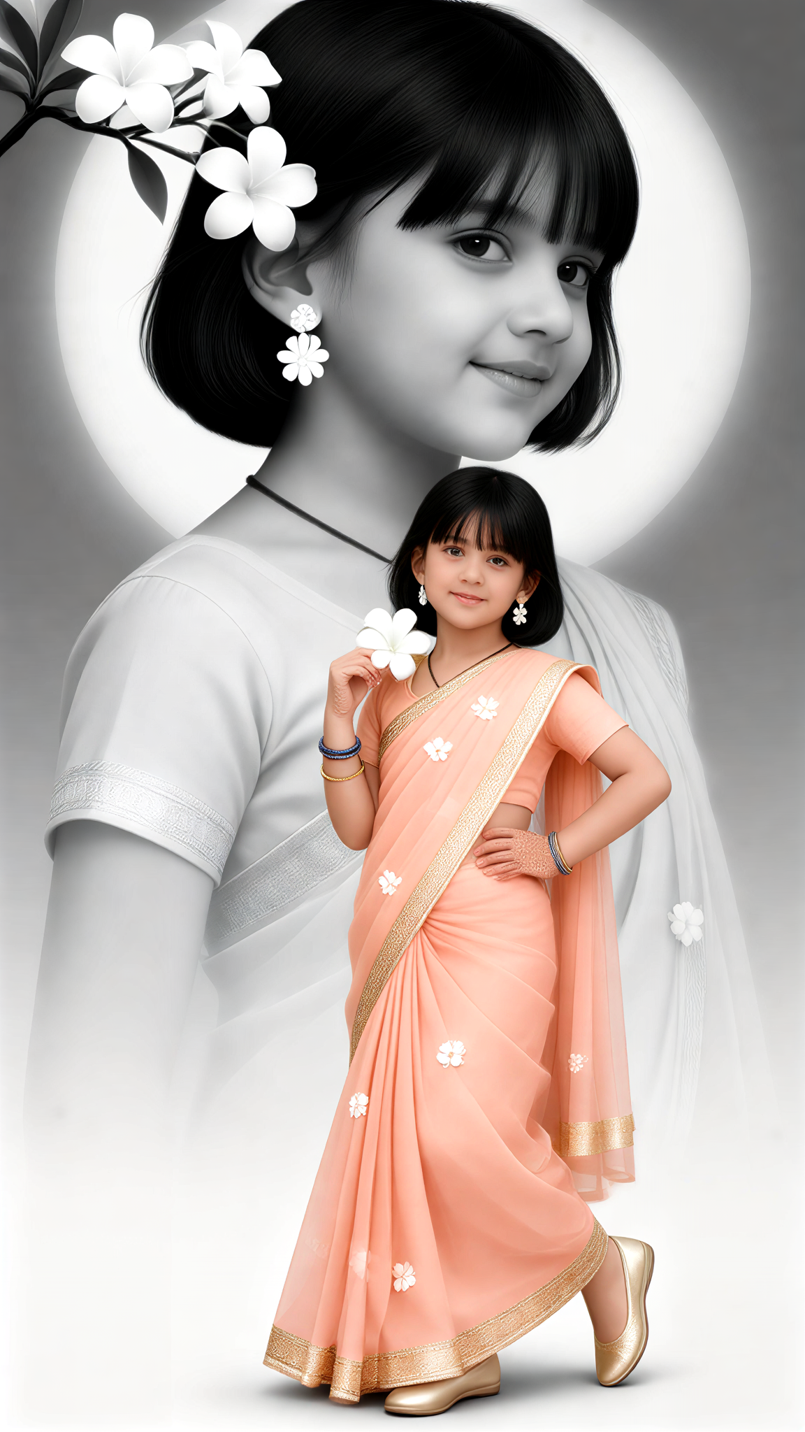 Peach Frangipani Sari Girl Double Exposure image