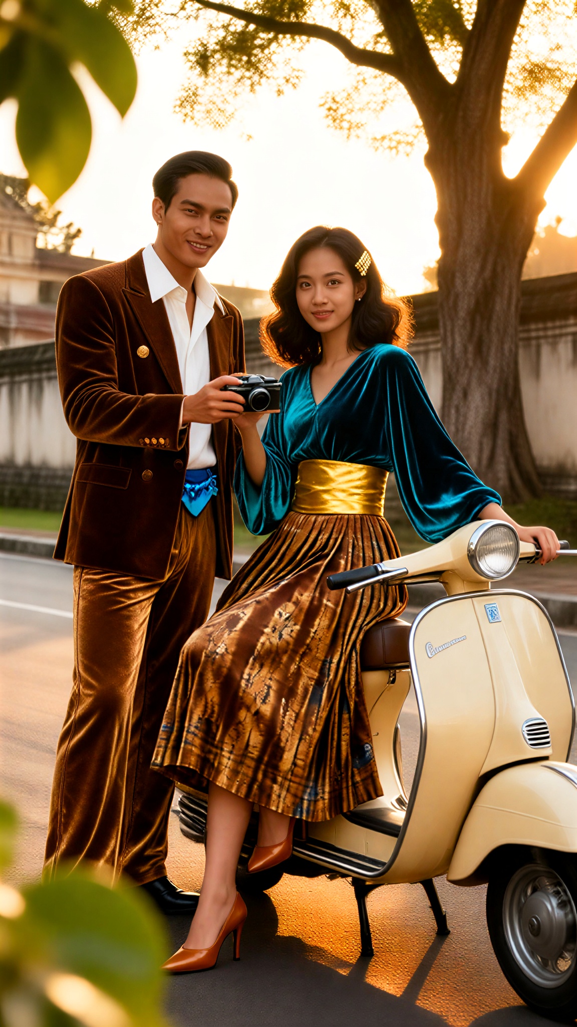 1980s Indonesian Velvet Batik Motorcycle Couple image