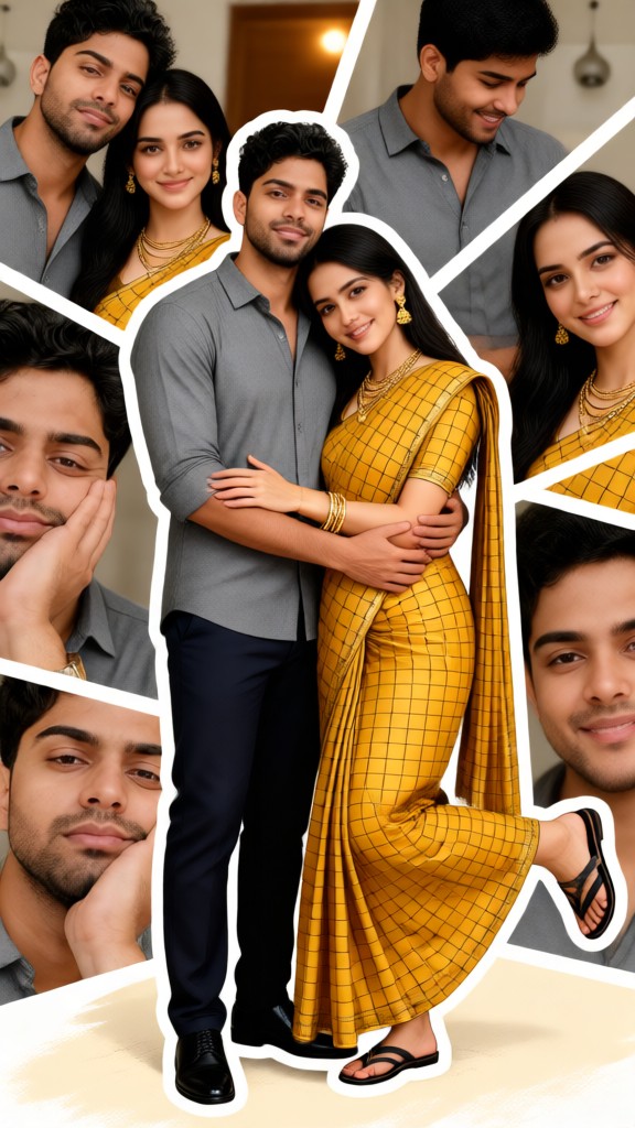 Yellow-Striped Sari And Gray Shirt image