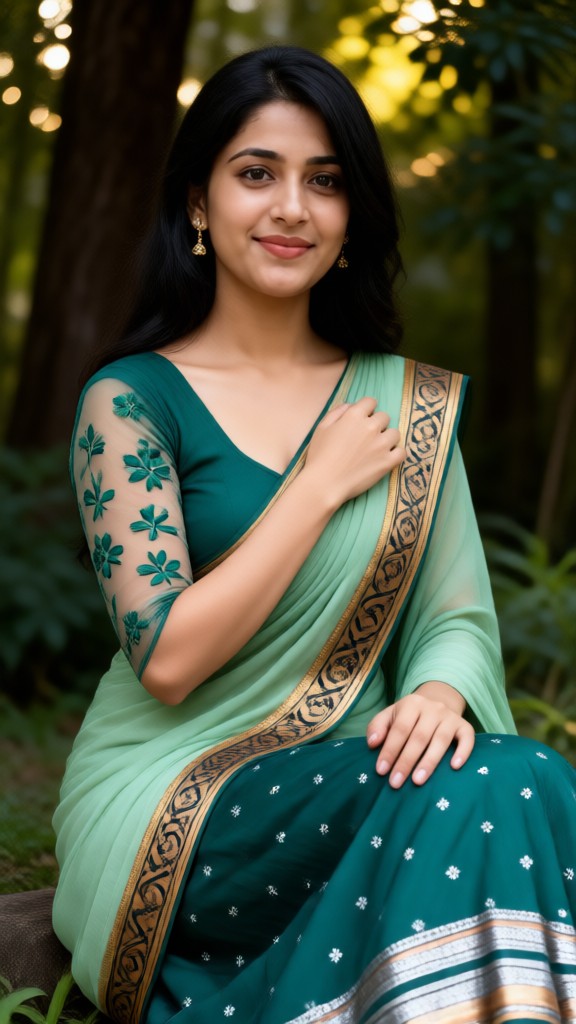 Soft, Green-Toned Sari Inspired by the Light in the Woods image