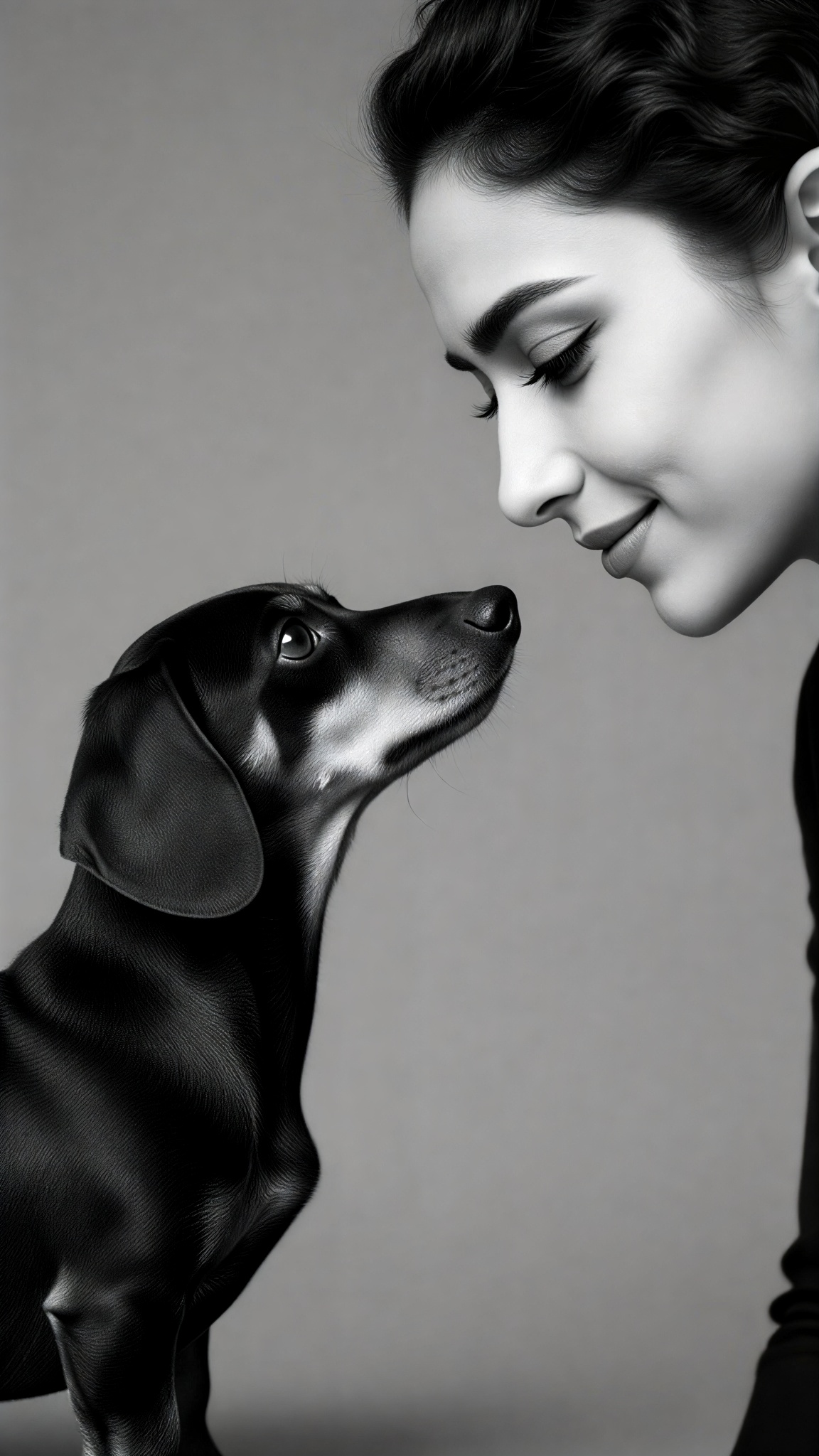 Black and white pets making eye contact image