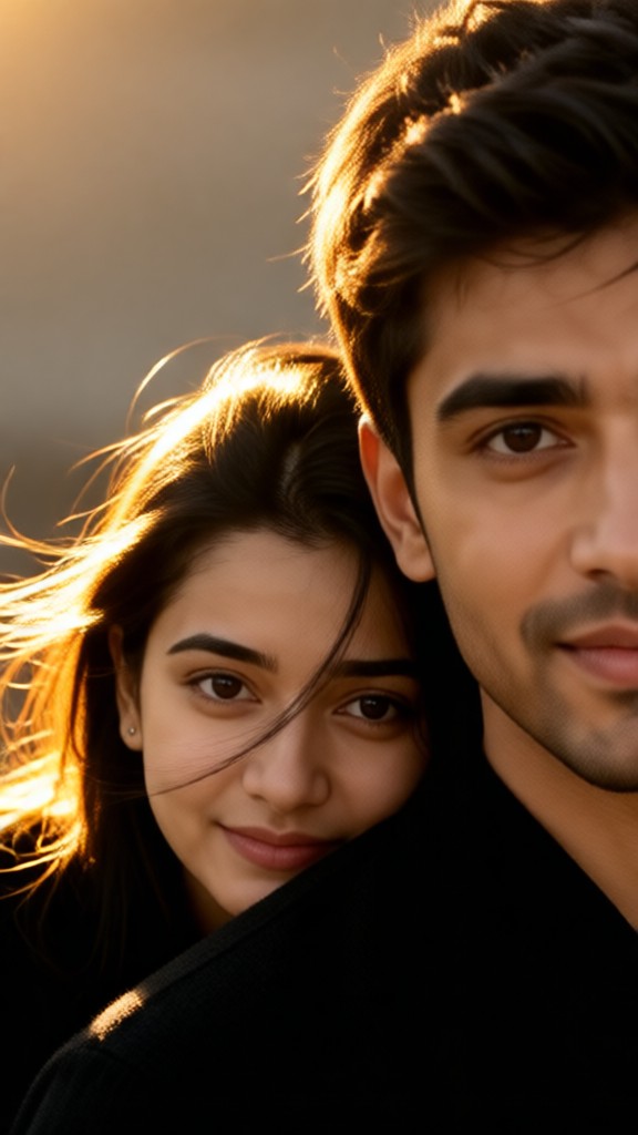 Couples posing against the setting sun in backlight image