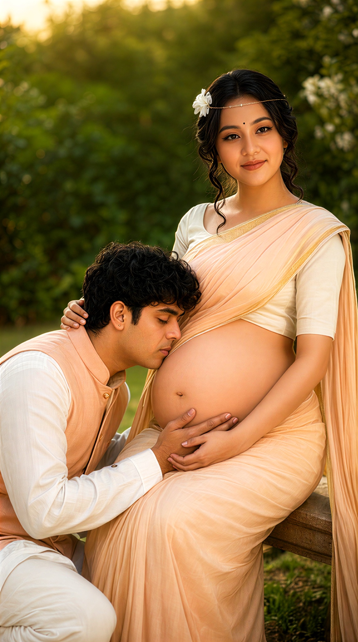 Pregnant Wife & Husband: A Garden Sari Belly Kiss image