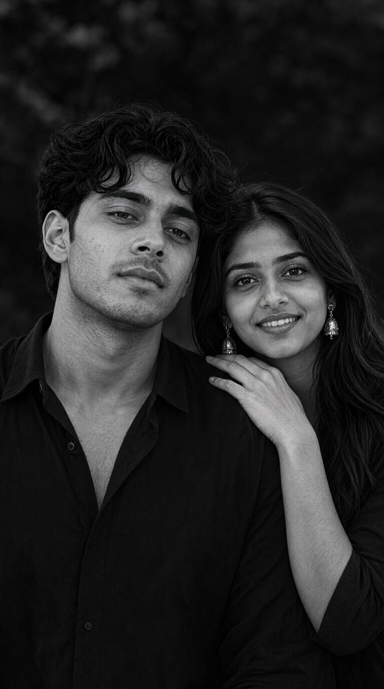 A couple in black and white with their arms around each other’s shoulders image