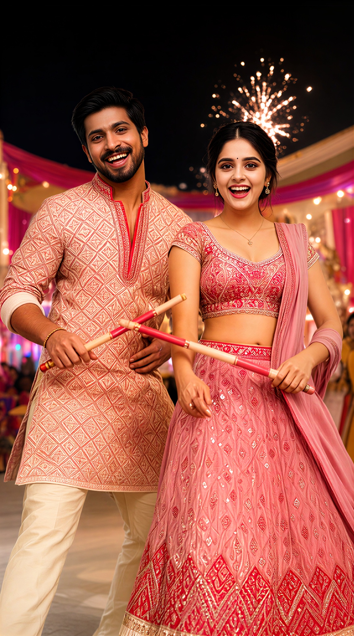 Navaratri Pink Lehenga Couple Dandiya Cross image