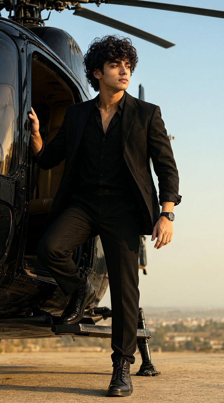 Stepping off the helicopter wearing sunglasses image