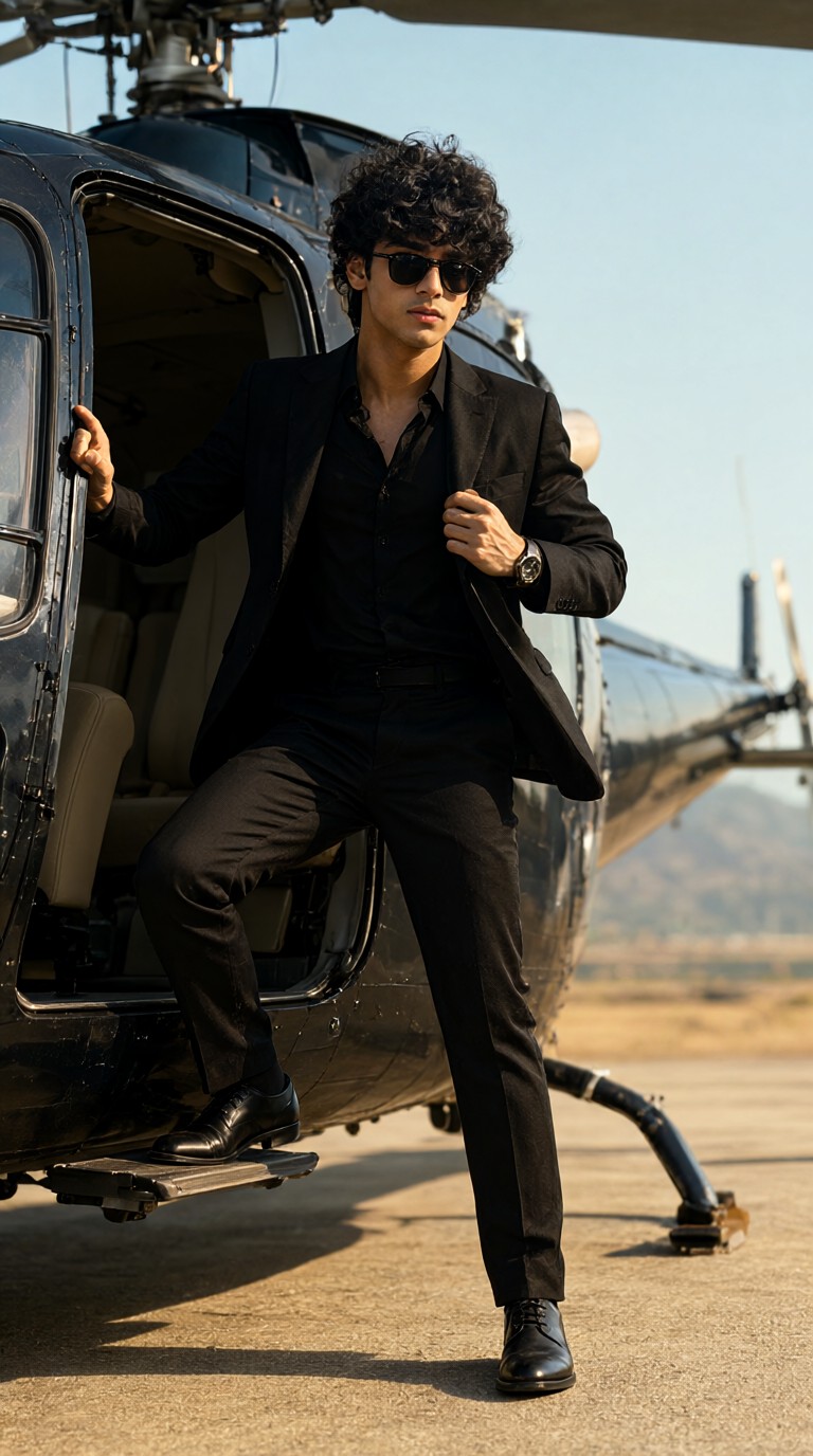 Stepping off the helicopter wearing sunglasses image