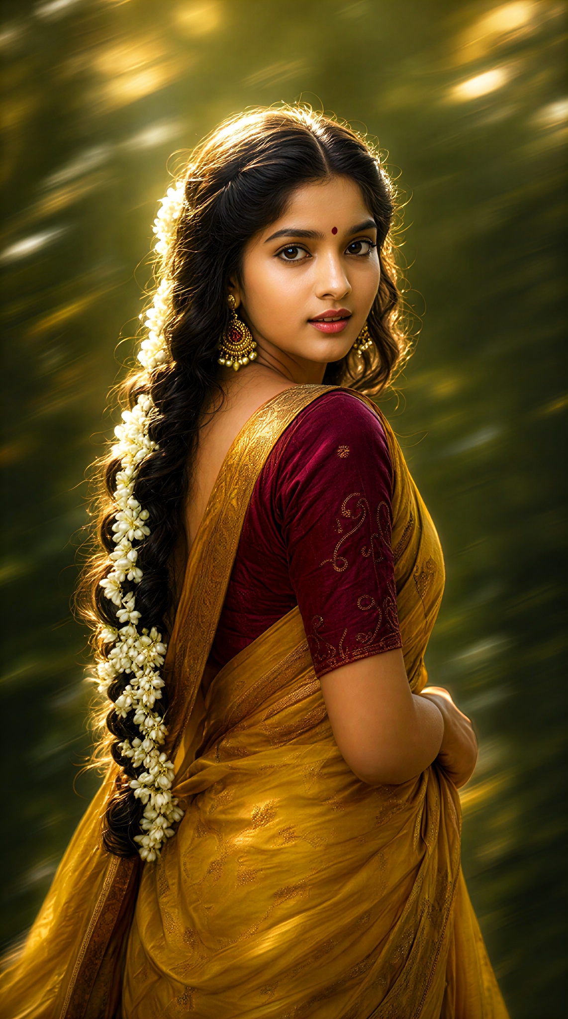 Maintain the true facial features, facial proportions, hair color, and natural skin tone of adult women in the input image, while preserving their facial recognition accuracy. Generate a vertical 9:16 realistic portrait of a single Indian woman in gold flowing light, with the camera shooting from top to waist, with the woman positioned in the center to the right image