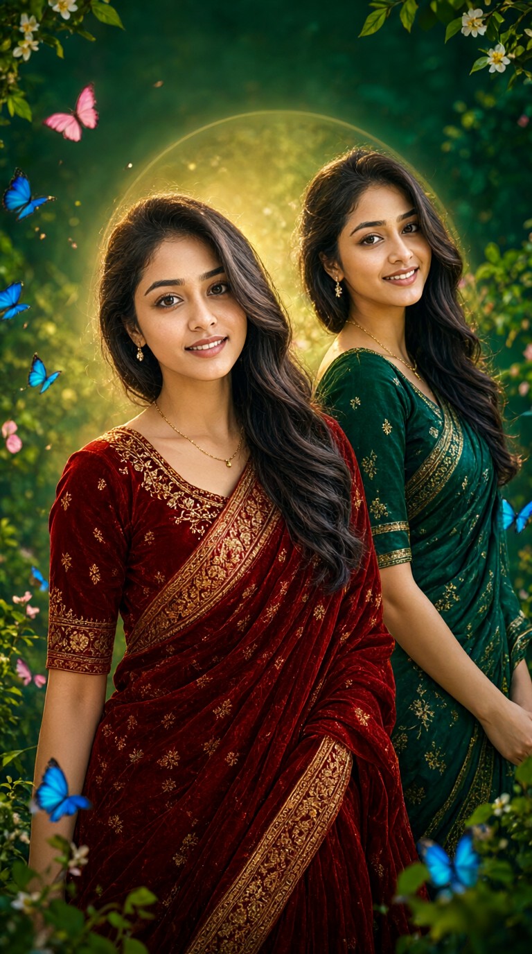 Woman in Beautiful Red and Green Sari image