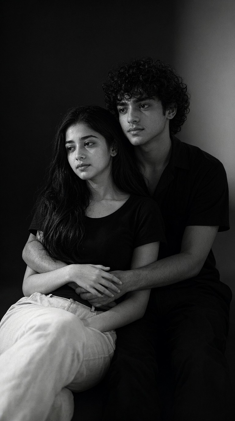 Black-and-White Lock Screen Wallpaper Collection Generate a vertical 9:16 black and white portrait of a person, retaining the intimate sitting on the ground as shown in the reference image image