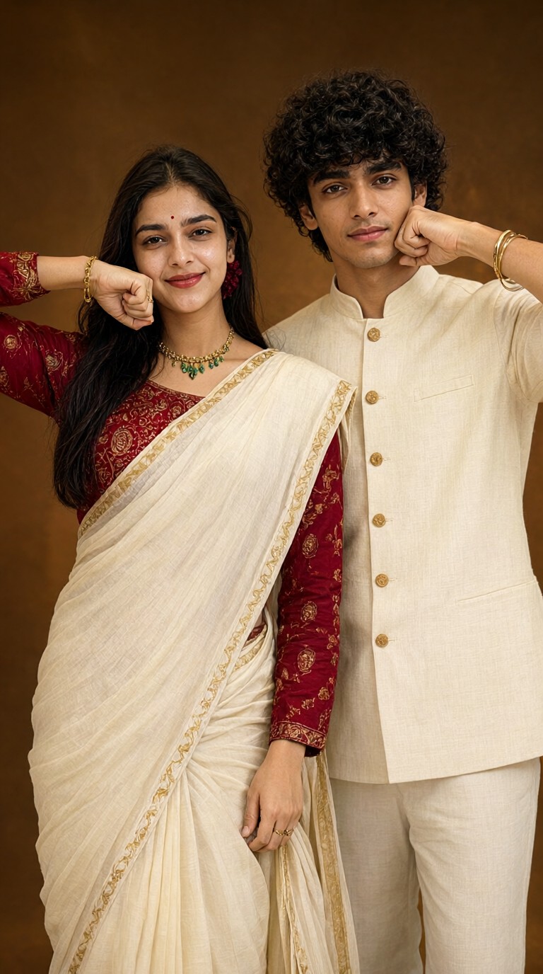 Beige, White, and Red Embroidery Photo Shoot in a Studio image