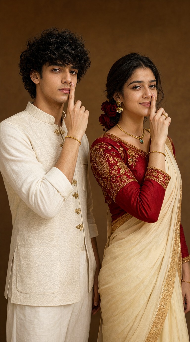 Beige, White, and Red Embroidery Photo Shoot in a Studio image