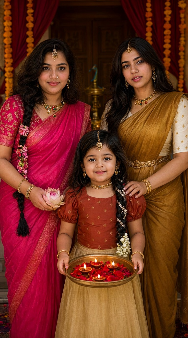 Diwali three-generation family portrait image