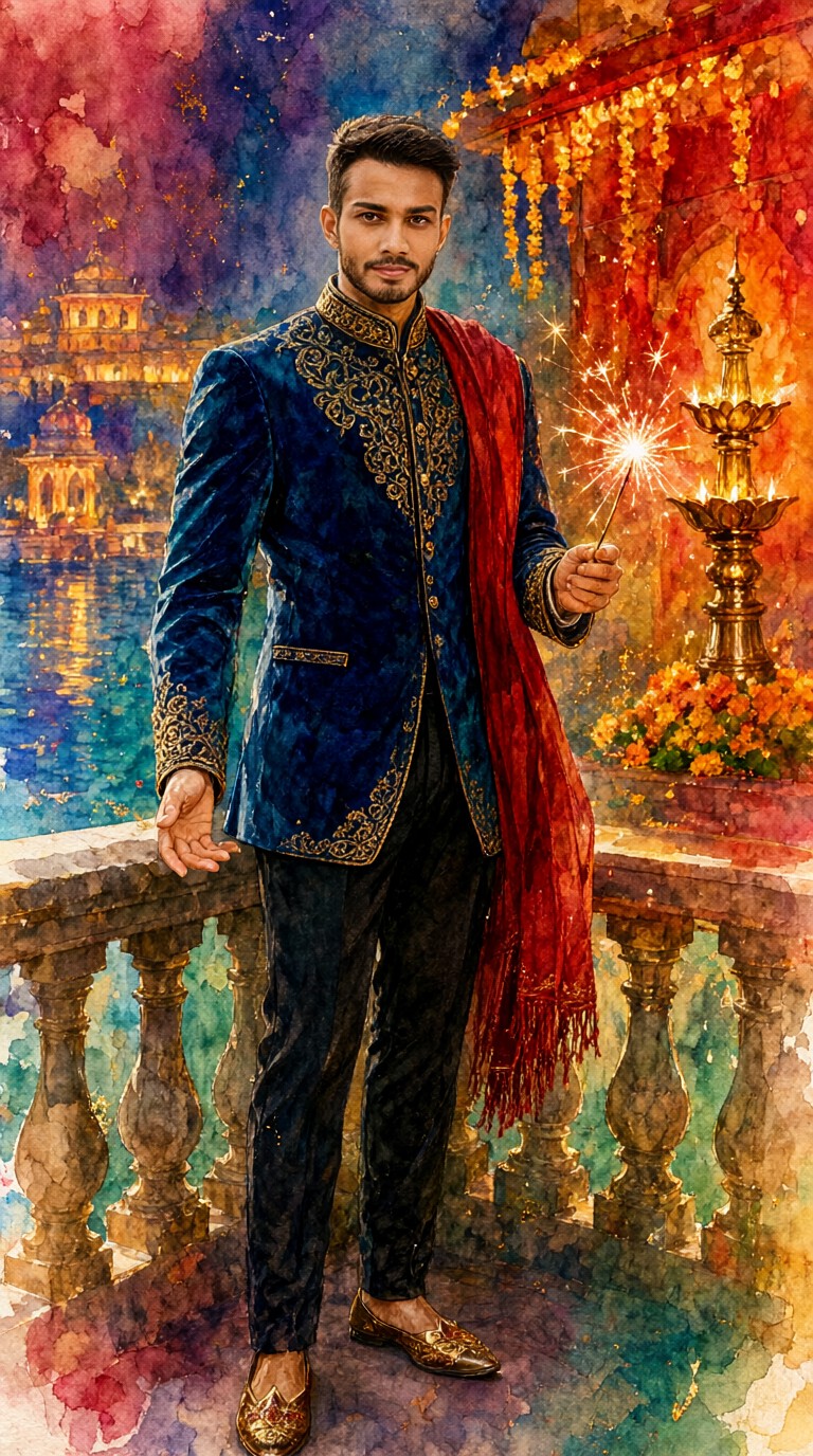 Diwali Man in Rich Watercolor: An Invitation among the Lights image