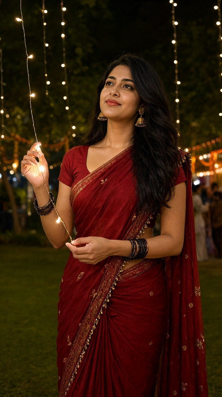 Diwali Red Saris and Hanging String Lights image