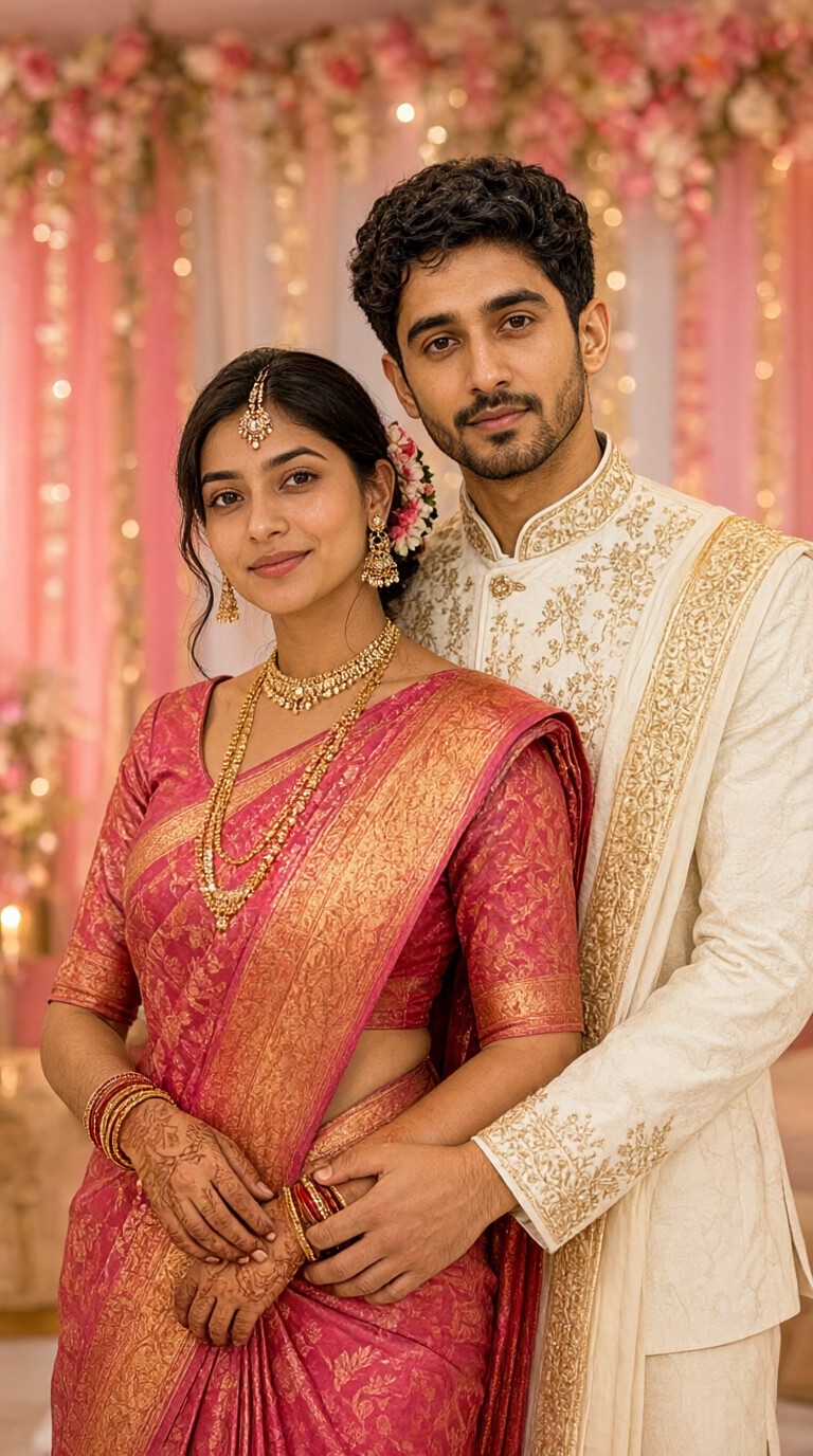 Pink tone wedding portrait image
