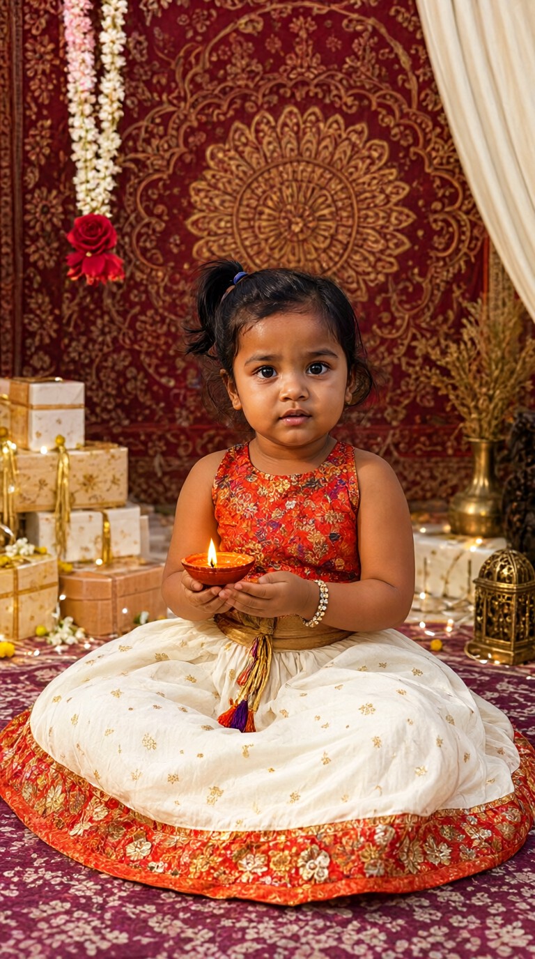 Girls hold lanterns and pray for good fortune during Diwali image