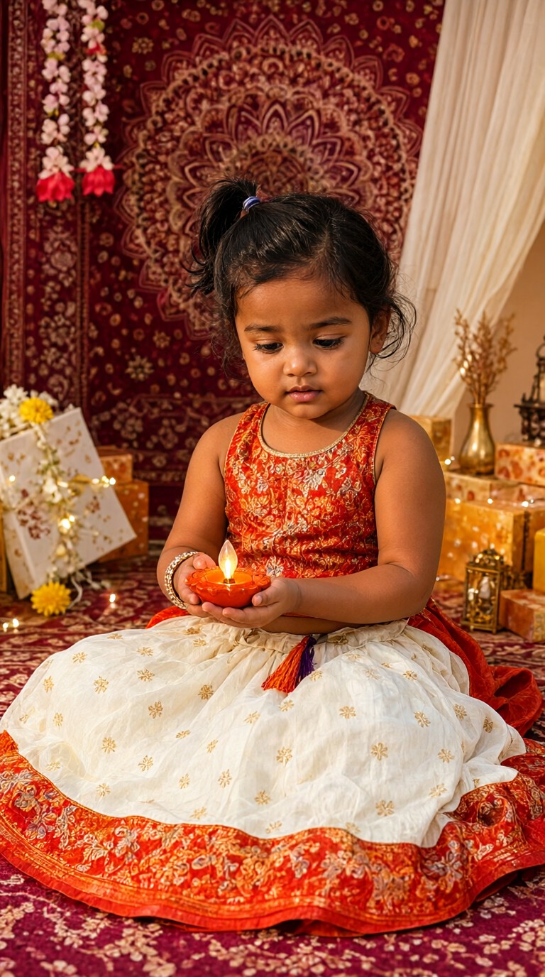 Girls hold lanterns and pray for good fortune during Diwali image
