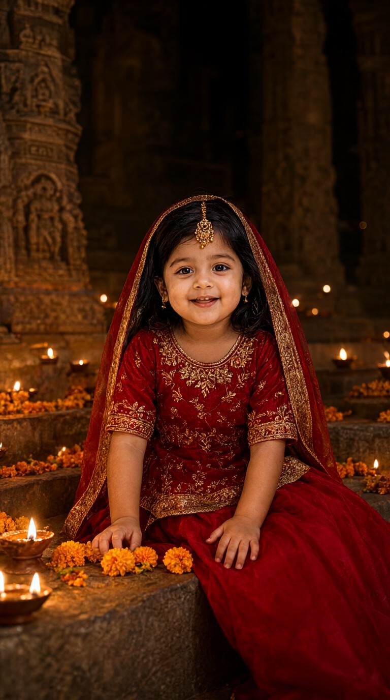 Girl in red saree, Diwali portrait image