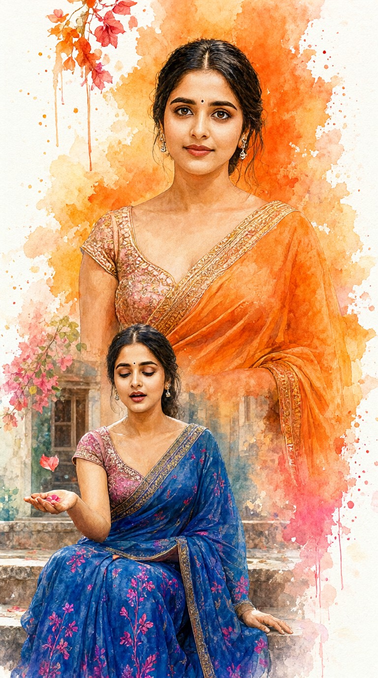 Orange-Pink Watercolor Portrait: Catching a Petal  ```text image