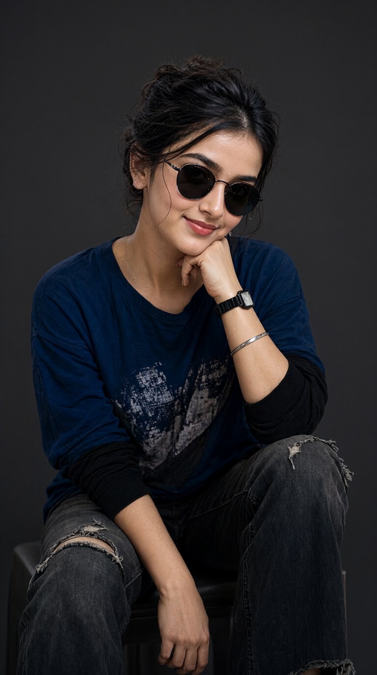 A girl in ripped jeans and sunglasses image