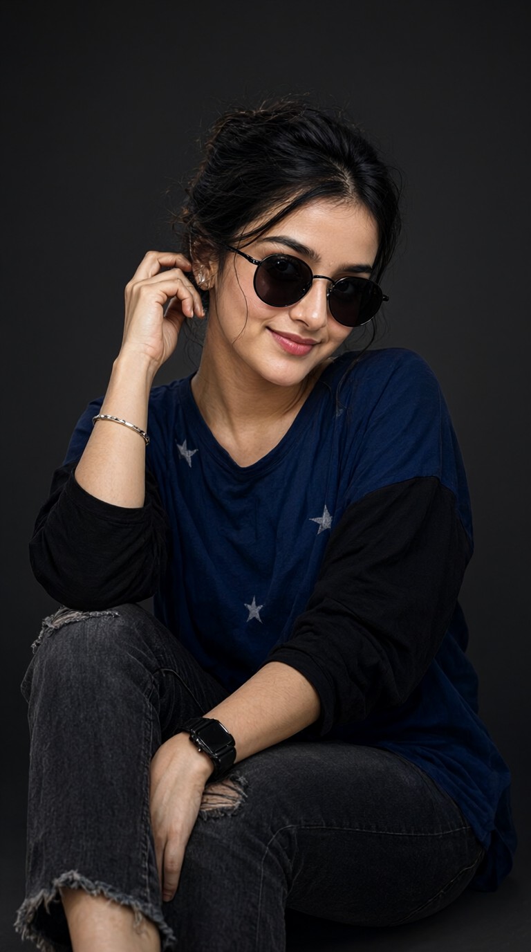 A girl in ripped jeans and sunglasses image