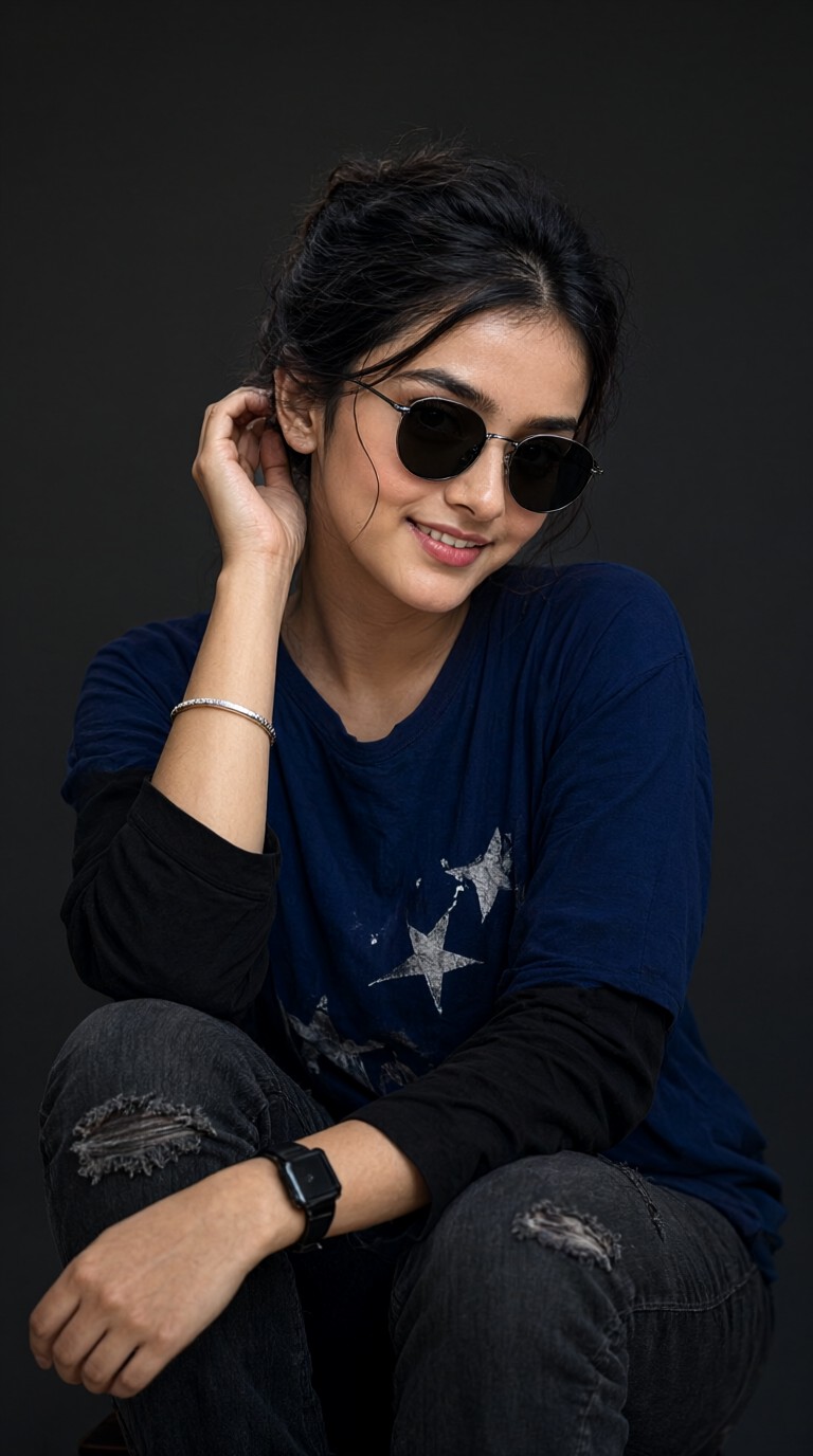A girl in ripped jeans and sunglasses image