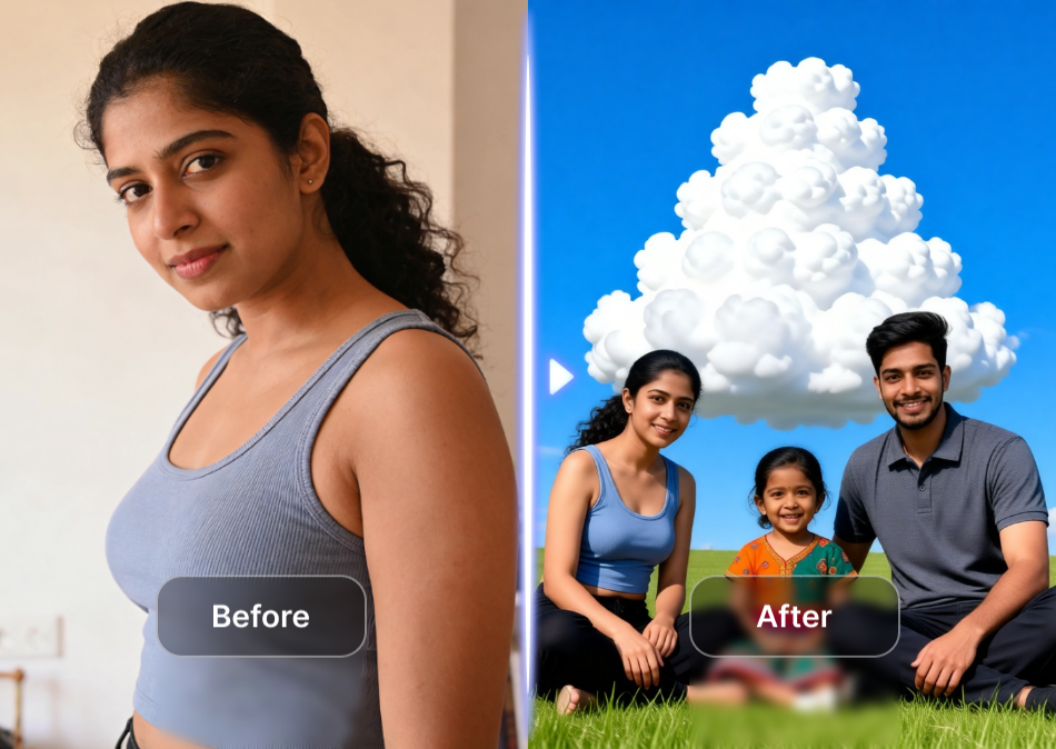 Split view of a girl's image turning to she and her family under a tree-like cloud