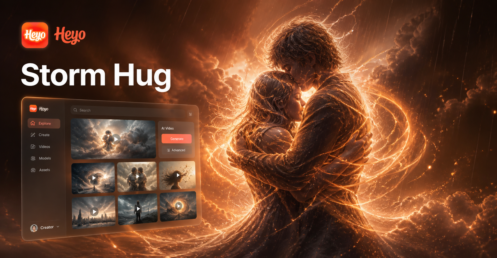 Cinematic storm hug video generator effect example