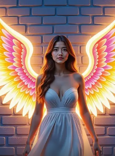 Dark angel with shadowy wings and piercing eyes