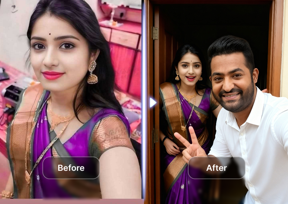 Split view of a girl's selfie turning to she with N.T. Rama Rao Jr.