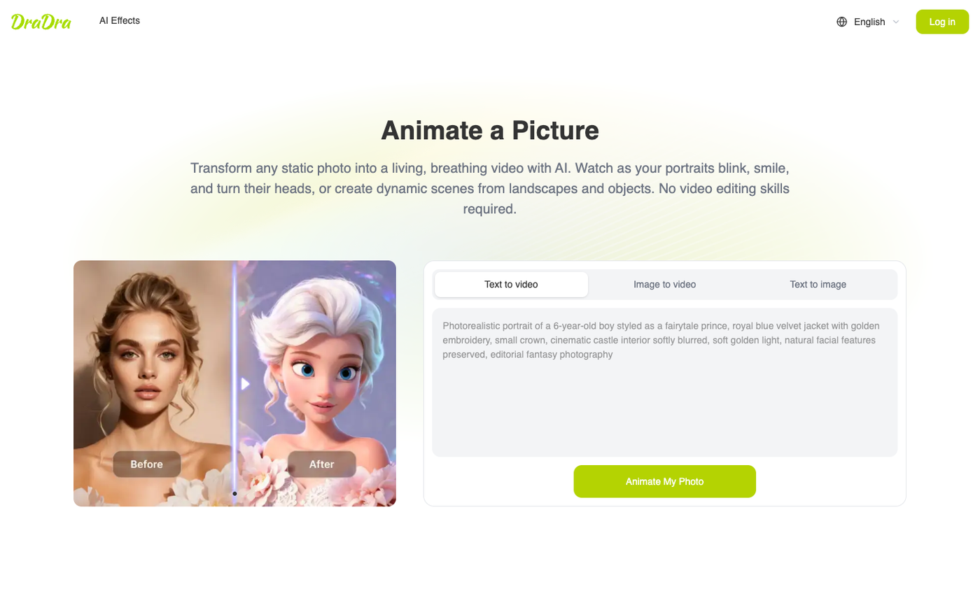 DraDra Animate a Picture page showing image-to-video controls and source-to-result media