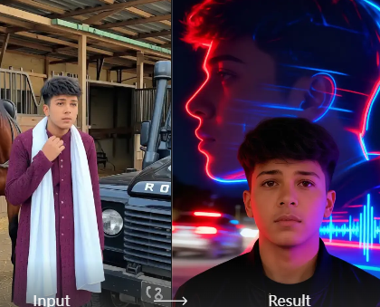 AI neon smoke portrait with precise facial mapping