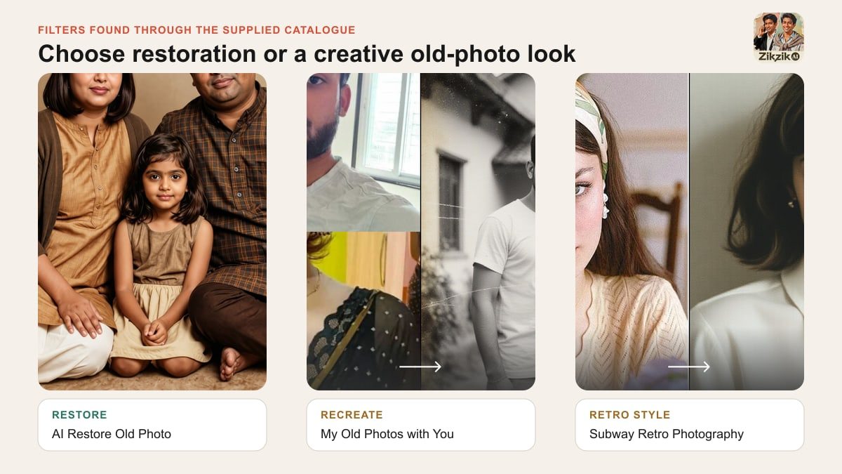 Three real filter samples selected through the supplied catalogue: AI Restore Old Photo, My Old Photos with You, and Subway Retro Photography