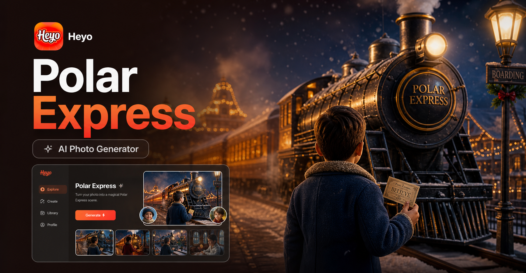 AI Polar Express photo generator transforming a portrait into a magical train scene