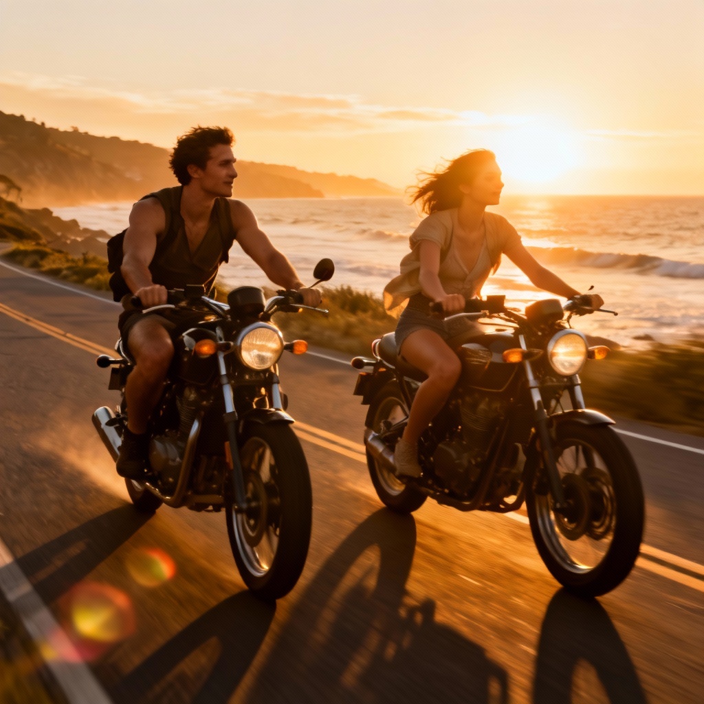 AI portrait of a vintage motorcycle at sunset on a deserted beach
