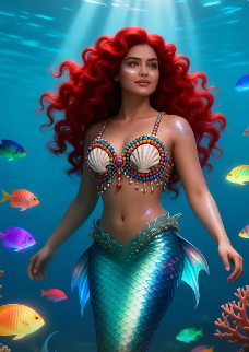 गहरे समुद्री नीले रंग की मरमेड जिसके काले बाल हैं