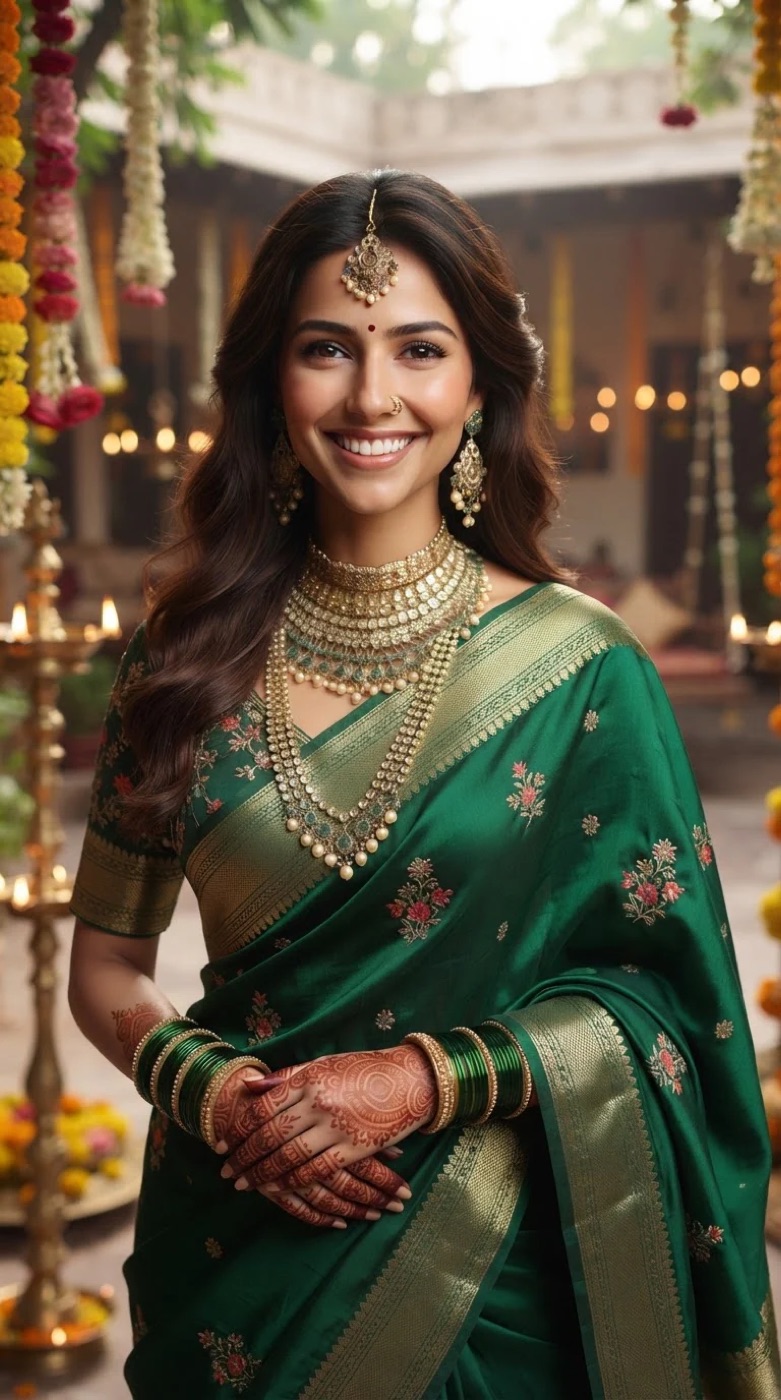 Official DraDra result showing a green embroidered saree and jewellery