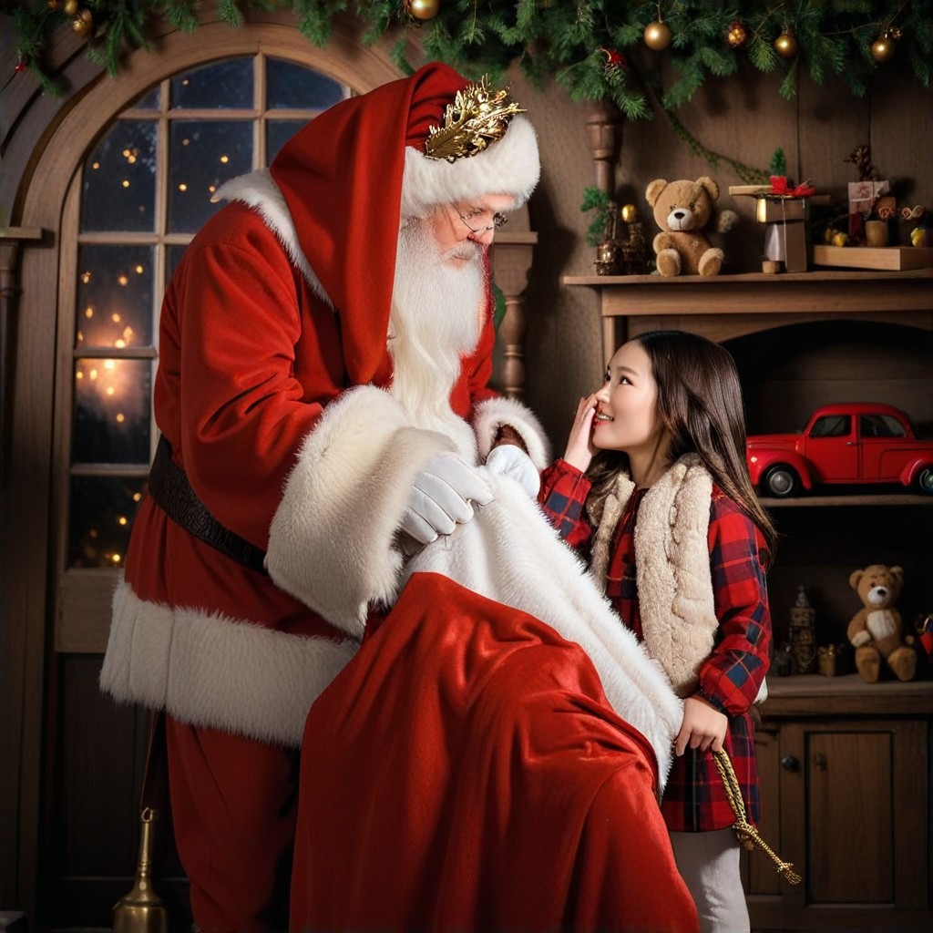 Santa laughing by a cozy fireplace