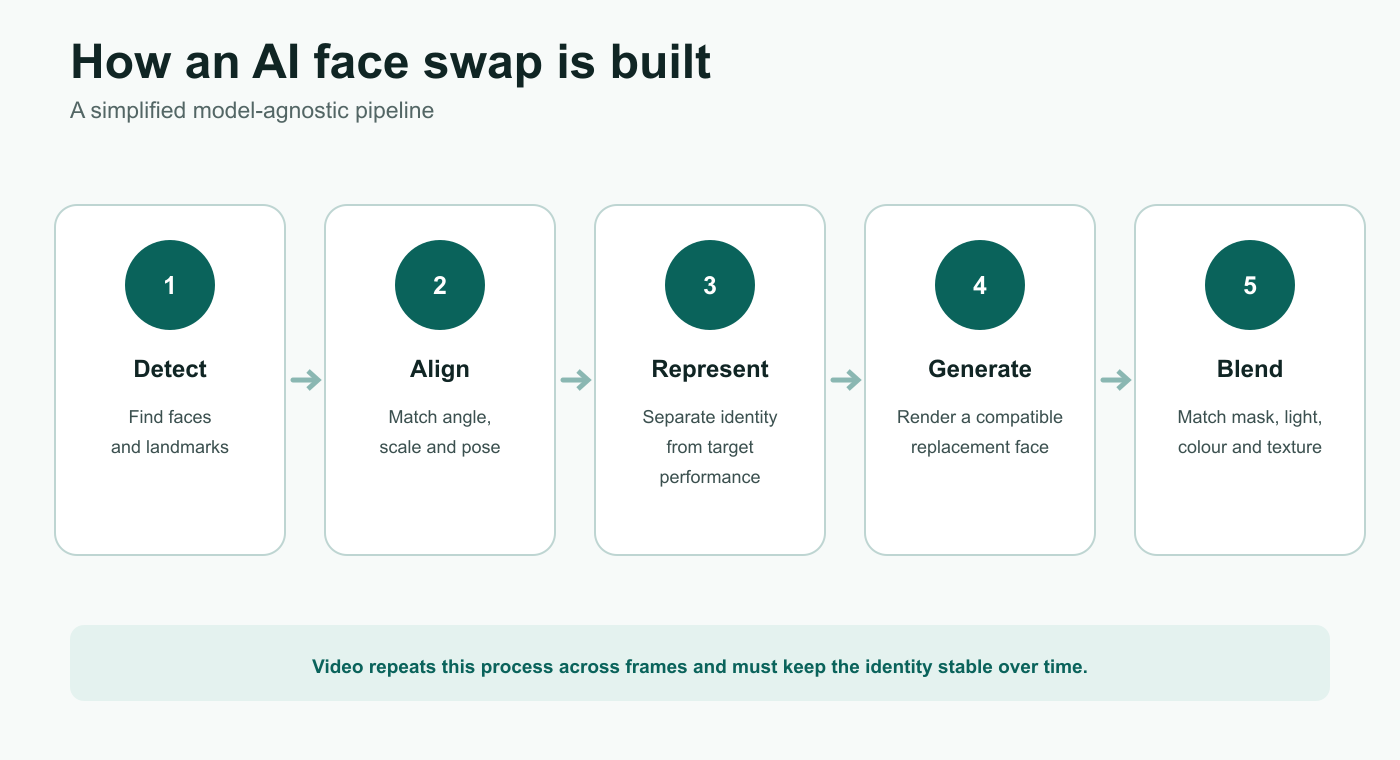 Five-stage AI face swap pipeline from source and target to blended output