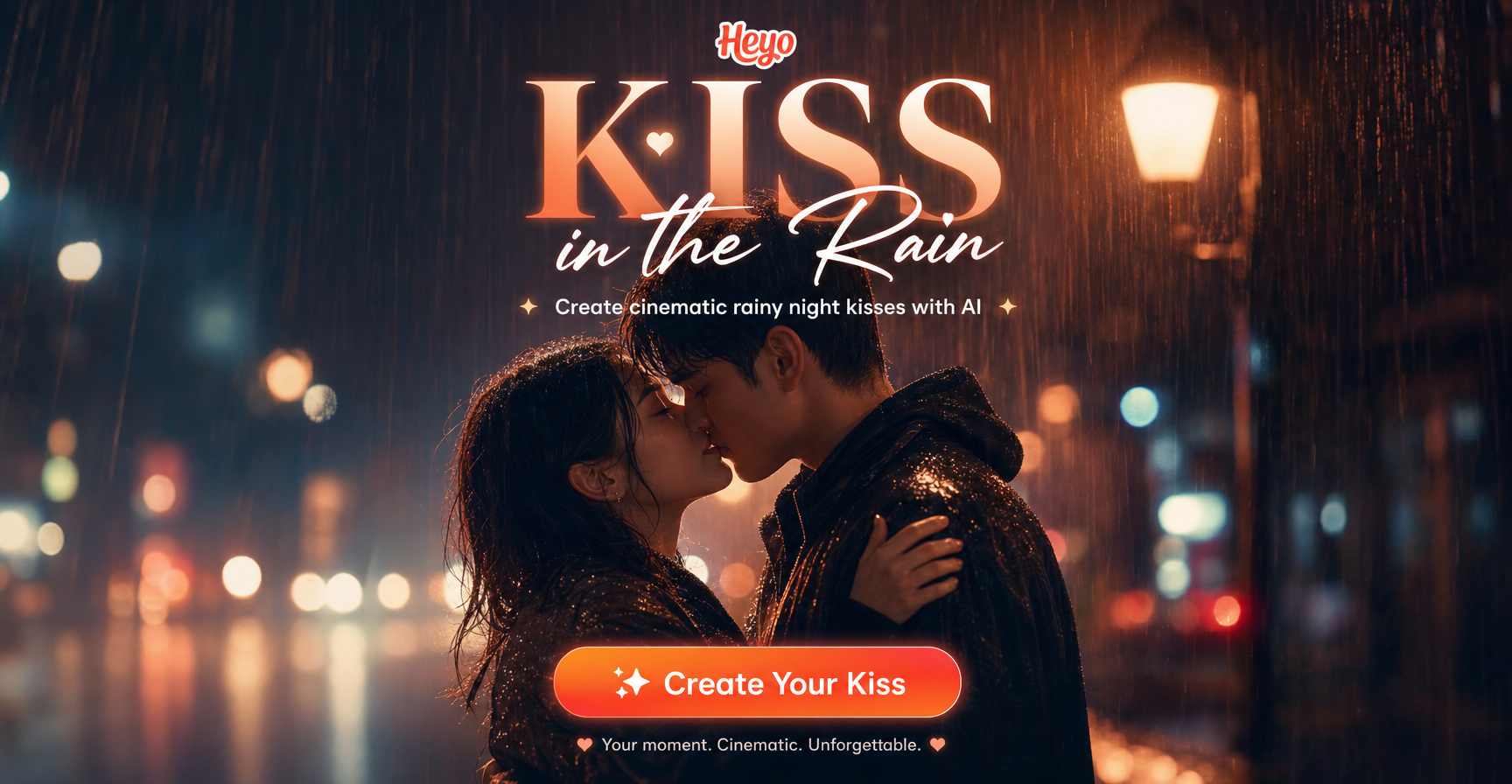 Cinematic rainy night kiss AI generation example