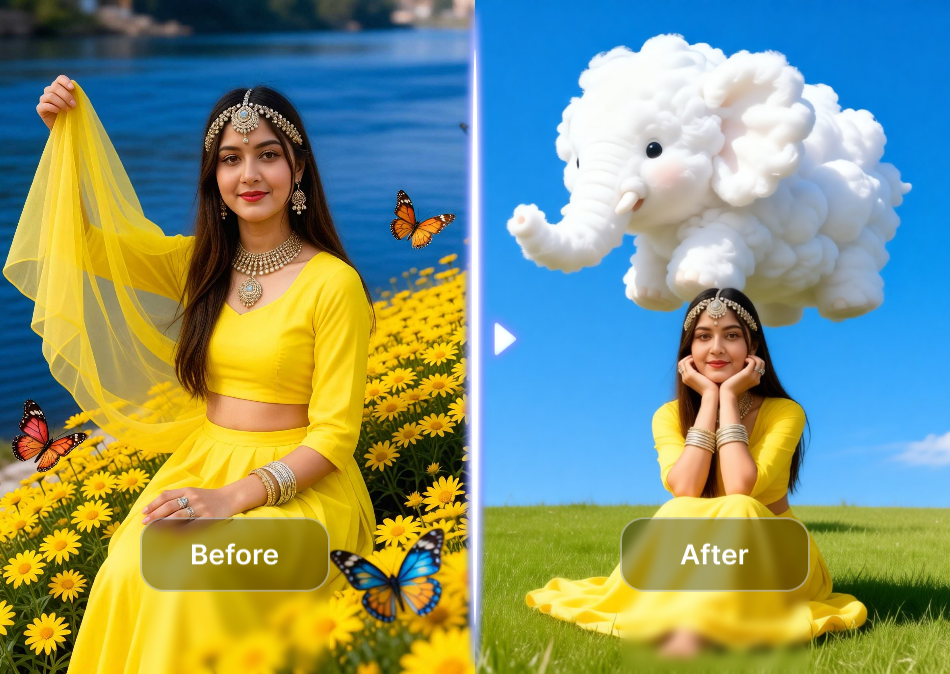 Split view of a girl's image turning to an elephant cloud on the top of her