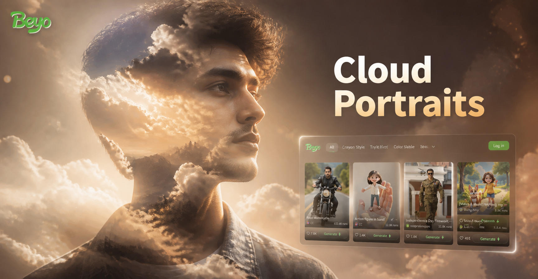 Wolken-Doppelbelichtungsporträt-Beispiel mit Gesicht, das in den Himmel übergeht
