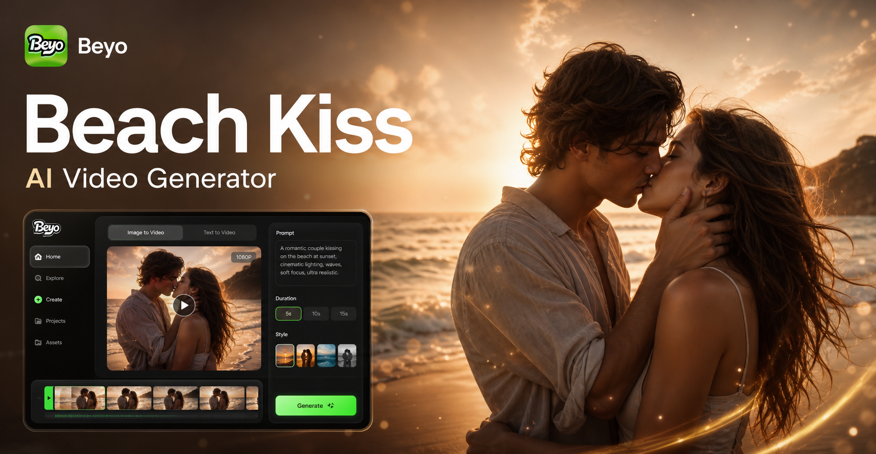 AI generated beach kiss video animation