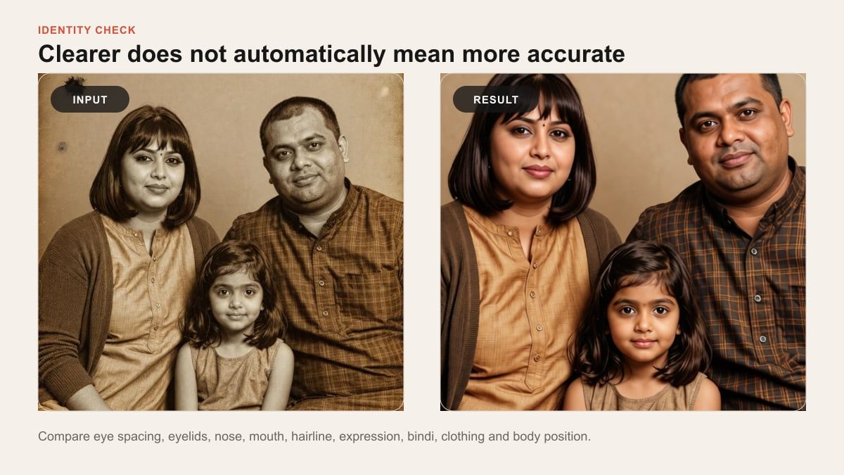 A close comparison of the faces in the official AI Restore Old Photo input and filter result