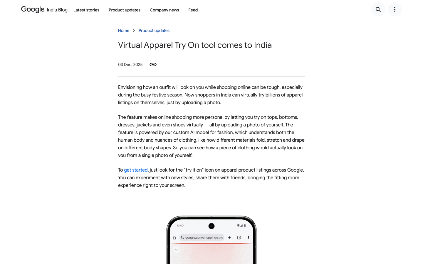 Google India page introducing virtual apparel try-on for supported shopping listings